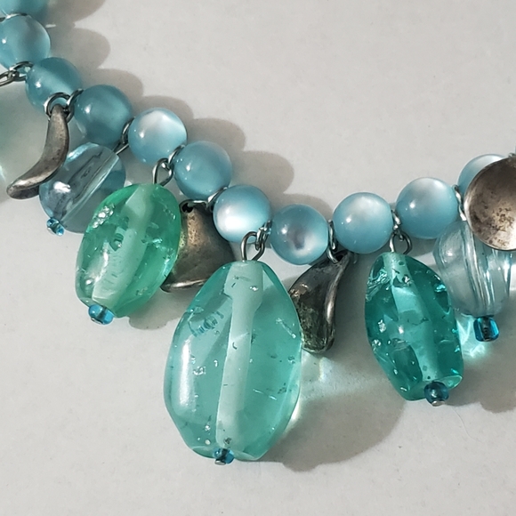 Vintage lucite aqua chunky beads cats eye silver necklace stainless steel 90's - Picture 3 of 13